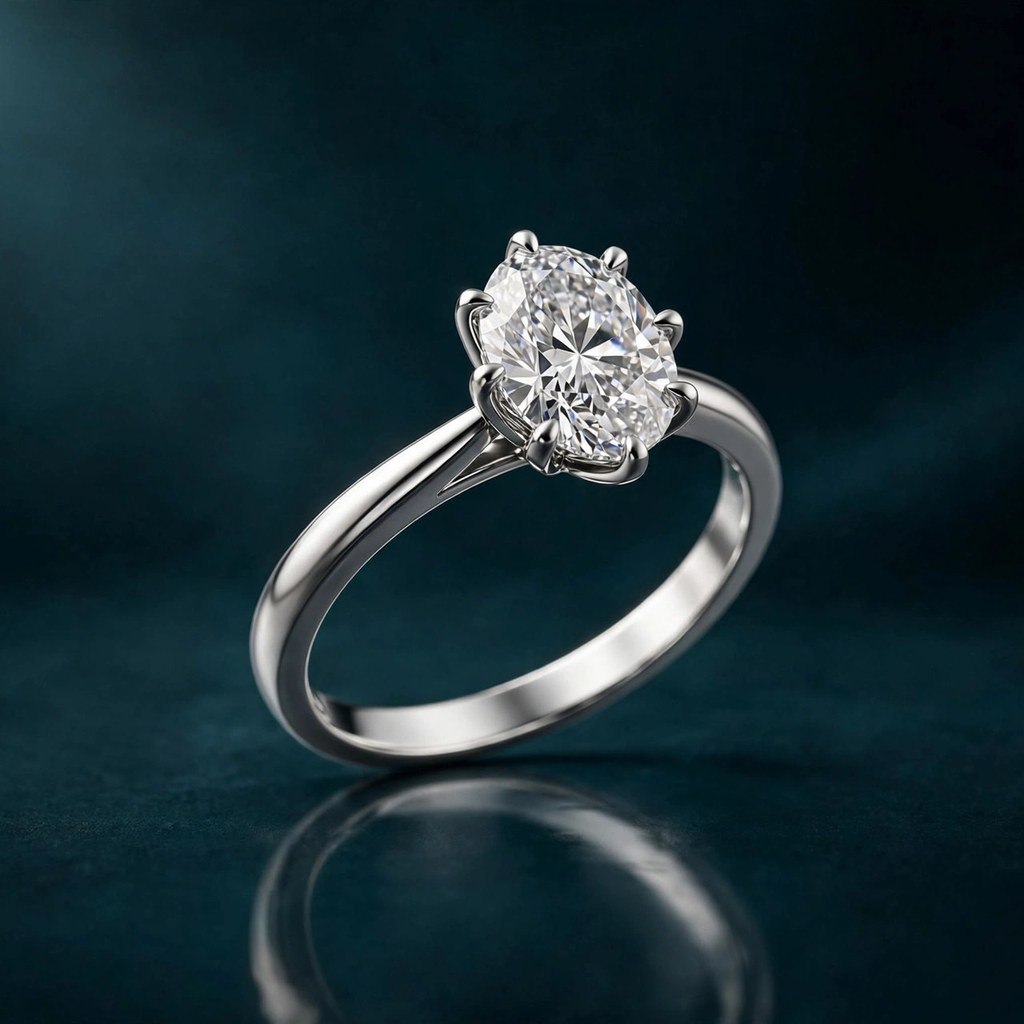 Oval diamond in a six-prong solitaire setting