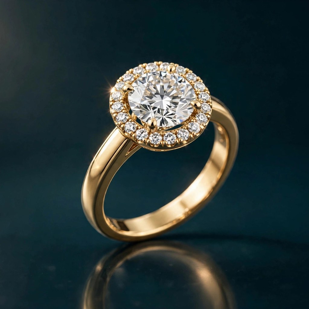 Halo-set diamond ring showing small pavé diamonds framing a center stone