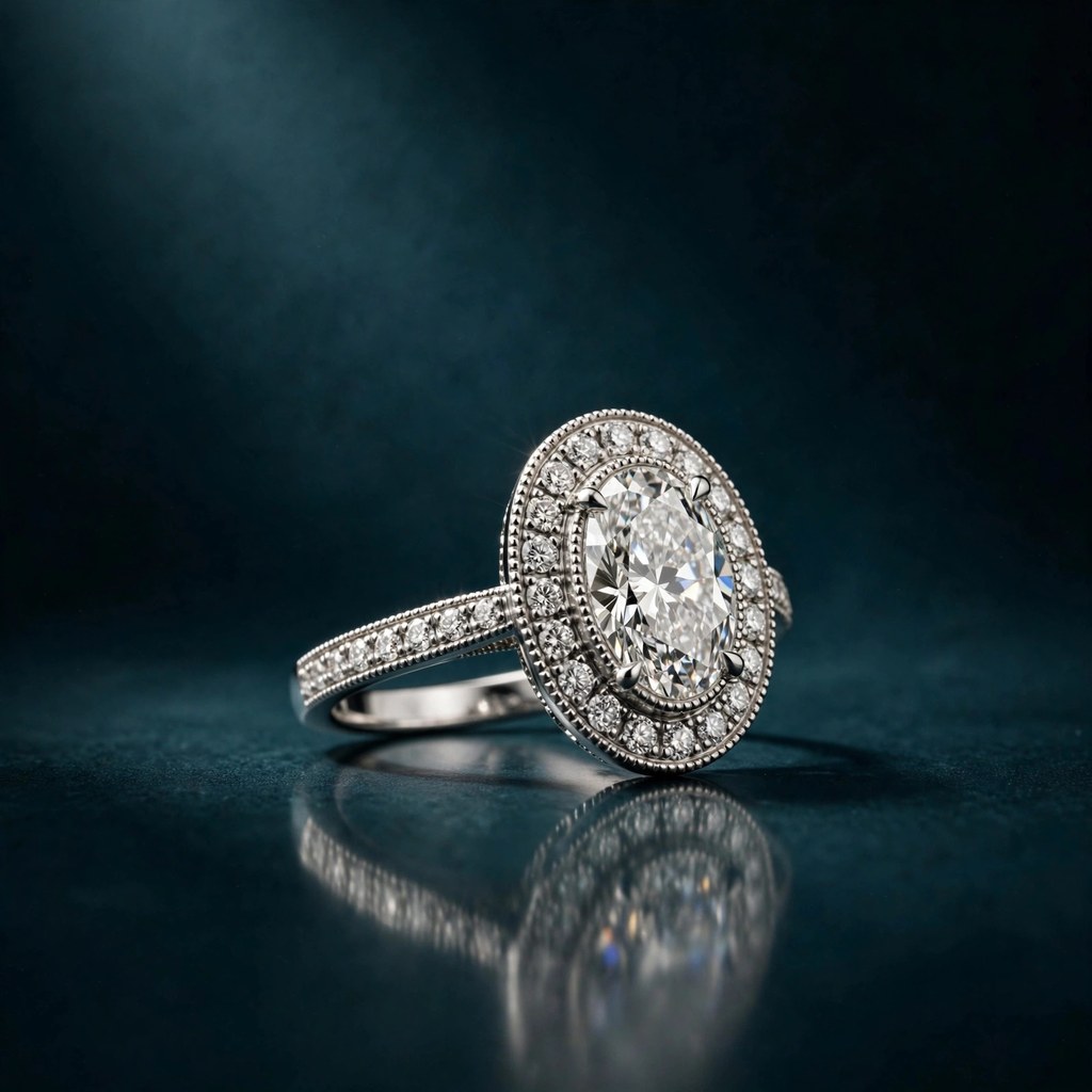 Oval diamond engagement ring with a halo of small diamonds