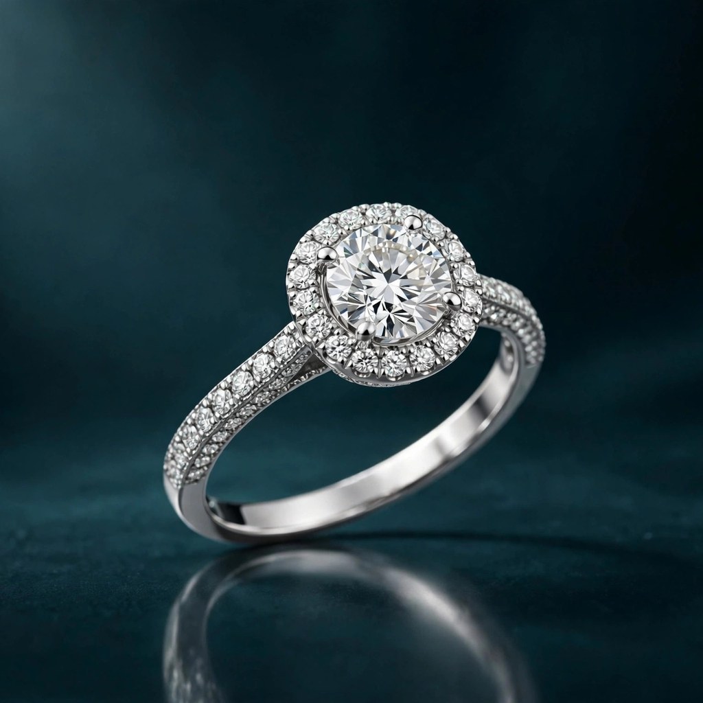 Oval diamond ring with pavé halo and pavé band